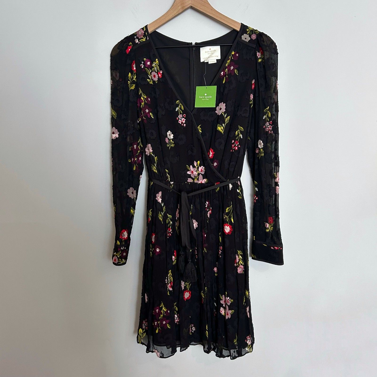 Kate Spade Bloom Chiffon Black Floral Silk Dress Size 8